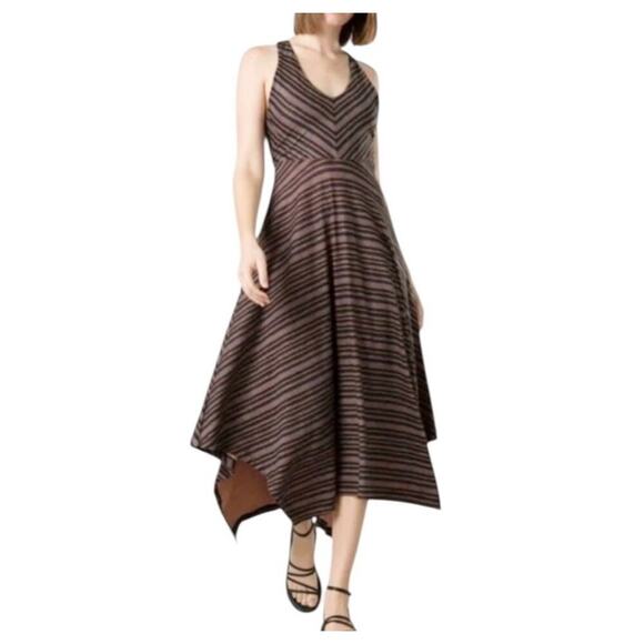 Prana Women's Saxon Dress Midi Red Clay Black Stripe‎ V-Neck Handkerchief Hem M - Picture 1 of 7